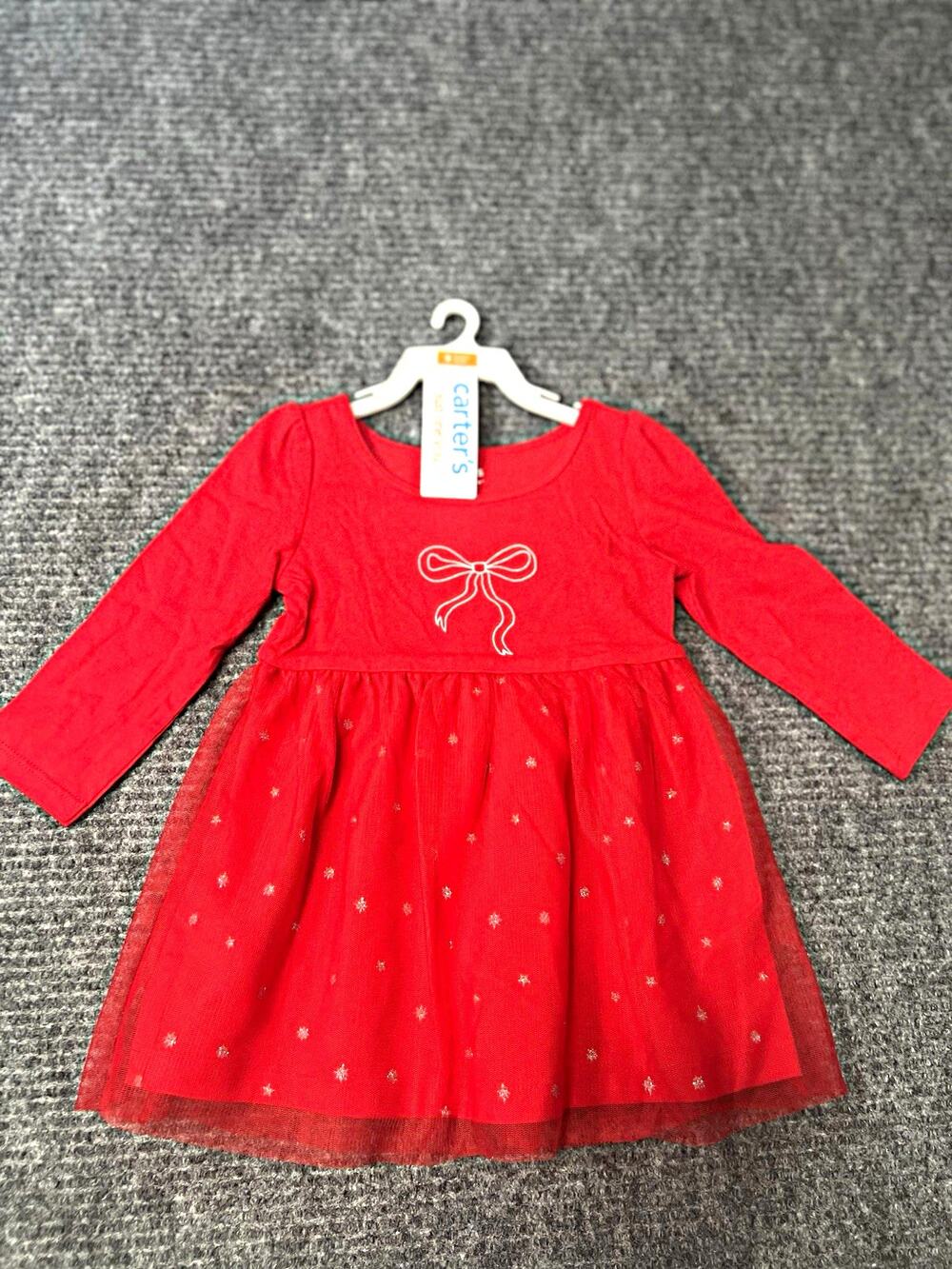 Carter's Girls 9M Red Snowflake Shirt Dress Long Puff Sleeve Tulle Bow